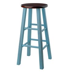 a blue stool with a wooden seat