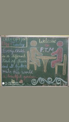 a chalk board with writing on it that says welcome to the community and people sitting at a table