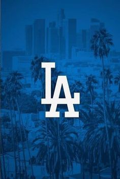 the los angeles dodgers logo is shown on a blue background with palm trees and buildings