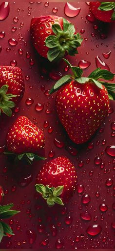 some strawberries are laying on a red surface with water droplets and green leaves around them