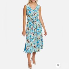 Tropical Linen-Blend Midi Dress In Tropical Blue & Sprout With V-Neck, Dual Side On-Seam Pockets, Side Slits At Seams, And Self-Tie Sash At Waist Approximately 48in From Shoulder To Hem Keyhole Back With Hook-And-Eye Closure 55% Linen, 45% Viscose Dry Clean Only Imported Blue Floral Print Midi-length V-neck Dress, Blue Floral Print V-neck Midi Dress, Multicolor V-neck Midi Dress With Tie Waist, Blue Midi Dress With Tie Waist For Vacation, Casual Blue Midi Dress With Tie Waist, Sleeveless Blue Midi Dress With Tie Waist, Casual Blue Sleeveless V-neck Dress, Anne Klein Dress, Casual White Dress