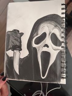 a drawing of a person holding a knife and wearing a ghost mask with its mouth open