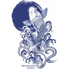 a koi fish with waves and the moon in the background is an ink drawing