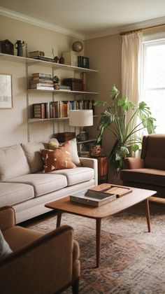 a living room with two couches and a coffee table in front of a window