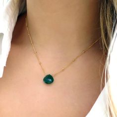 "This piece is SO beautiful! A faceted piece of green onyx is suspended from a 14k gold filled or sterling silver satellite chain. Dainty and feminine. Love it! Shop Landon Lacey Jewelry » www.etsy.com/shop/landonlacey it's in the DETAILS . . . » 14k gold filled or sterling silver satellite chain » Emerald green onyx - milky and beautiful » The model is petite and is wearing this necklace at 15\"; this could fit shorter or longer depending on body type. Please measure! it's in the OPTIONS . . . Emerald Necklace With Faceted Green Onyx Beads As Gift, Emerald Necklace With Faceted Beads For Gift, Gift Emerald Necklace With Faceted Green Onyx Beads, Gold Necklace With Green Onyx Gemstone Beads, Gold Necklaces With Green Onyx Gemstone, Green Faceted Beads Jewelry For Everyday, May Birthstone Jewelry With Faceted Beads As A Gift, Everyday Green Jewelry With Faceted Beads, Green Onyx Gemstone Beads Jewelry For Gift