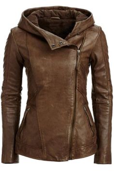 Hooded Zip Pockets PU Leather Jacket Leather Jacket With Hood, Brown Leather Jacket, Brown Jacket, Leather Jackets Women, Looks Style, Jennifer Lopez, Look Fashion, Autumn Winter Fashion, Hooded Jacket