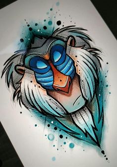 a drawing of a lion with blue and orange colors