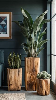 three wooden planters sitting on top of a rug next to a couch in a living room