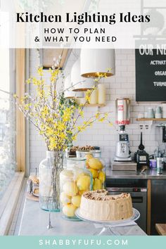 a kitchen counter with yellow flowers and lemons in vases on top of it