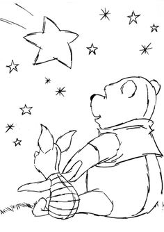 winnie the pooh coloring page with stars in the sky and a potted plant