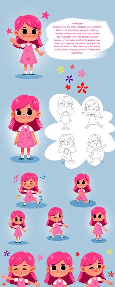 the animation character sheet is shown with different poses and expressions for each character, including pink hair