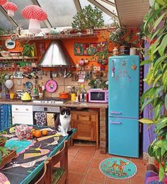 a cat sitting on top of a table in a kitchen next to a blue refrigerator