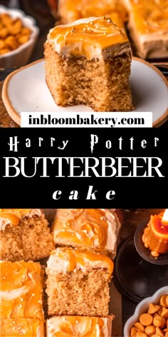 there is a cake with caramel icing on it and the words harry potter butterbeeer cake