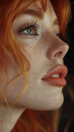 a red headed woman with freckled hair and blue eyes looks into the distance