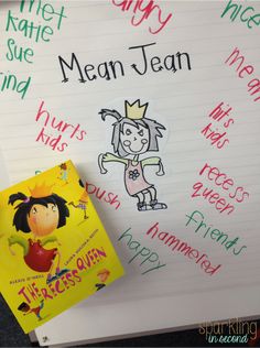 a notebook with writing on it next to a yellow book and an orange sticker that says mean jean