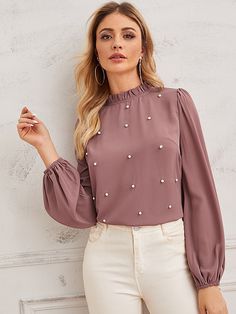 Dusty Pink Elegant Collar Long Sleeve Polyester Plain Top Embellished Non-Stretch Spring Women Tops, Blouses & Tee Indian Blouse Designs, Lantern Sleeve Top, Lantern Sleeved Blouses, Fancy Tops, White Pants, Trendy Fashion Women, Trendy Tops, Pink Tops, Fashion Tops