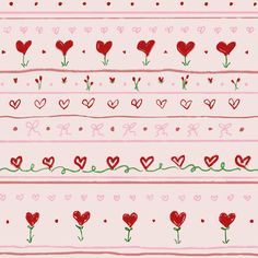 a pink background with red hearts and flowers on it's side, as well as lines