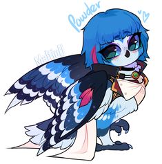 a drawing of a bird with blue hair and glasses on it's head, sitting down