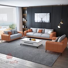 a living room with two couches and a coffee table in front of a large window