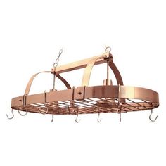 a metal pot rack with hooks hanging from it