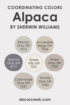 the color scheme for different shades of gray and white, with text that reads coordinating colors alpaca by shewin williams