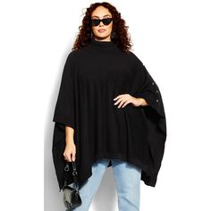 Ditch the coat and make a statement in the Emilia Cape! This edgy outerwear piece is perfect for those chilly days or nights when you want to show off your style. The turtleneck design keeps you warm, while the cape sleeves and handkerchief hem add a touch of drama. The silver button detailing on one side is both unique and chic. Made from a soft knit fabrication, this cape is sure to keep you comfortable all day or night long. Bold and fiercely fashionable, no one does plus size fashion like Ci Cape Designs, Trendy Outerwear, High Rise Denim Jeans, Knitted Cape, Transition Outfits, Cape Sleeves, Handkerchief Hem, Weekend Wardrobe, Chic Woman