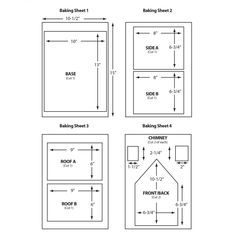 four different sizes of building plans and measurements for the front, side, and back of a