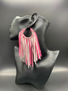 Super cute pin stripe pink and white fringe faux leather earring with bing 1.5in hoops Trendy Pink Dangle Tassel Earrings, Trendy Fringe Earrings, Trendy Pink Tassel Earrings, Summer Pink Fringe Earrings, Pink Fringe Earrings For Summer, Chic Pink Hoop Jewelry, Trendy Spring Tassel Earrings, Fringe Earrings For Spring Party, Trendy Pink Tassel Earrings For Party