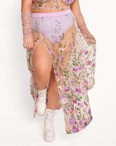 Secret Pathways Floral Maxi Skirt-Purple/White-Curve1-Front--Catherine---1X Body Chain Harness, Couples Accessories, Glitter Glasses, Festival Gear, Fairy Dresses, Floral Maxi Skirt, Glitter Hair, Floral Maxi, Bra Tops