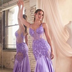 This Fitted Glitter And Lace Mermaid Gown Is Sure To Make A Statement At Your Next Special Occasion A Sheer Boned Corset Bodice Creates Definition And Structure, While Thin Straps Add A Touch Of Sophistication. This Sexy Look Is Complete With A Daring Sheer Mesh Side Hip Cut Out, Embellished With Lace Appliqu. Fabric: Stretch Satin Length: Long Color: Lavender Neckline: V-Neck Silhouette: Mermaid Sleeve: Sleeveless, Straps Back: Zipper Skirt: Flare Embellishments: Lace, Sequins Occasion: Romanti Purple And White Dress Gowns, Satin Lavender Dress, Lavender Evening Gown, Cut Out Prom Dresses, Prom Mermaid, Satin Mermaid Dress, Lilac Prom Dresses, Princess Vibes, Purple Wedding Dress