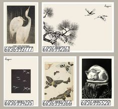 four different pictures with birds and flowers on them, all in black and white colors