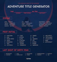 an advertisement for the adventure title generator, which is in red and blue with words below it