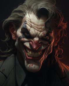 an evil clown with long hair wearing a suit