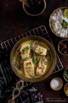 an overhead view of some food on a table