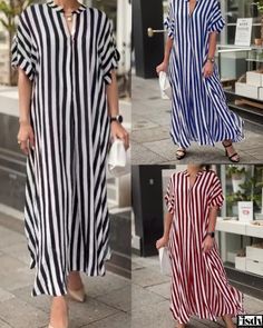 Fisdy - Chic Short Sleeve Dress with Striped Side-Split and Cardigan Detail Striped Print Dresses, Combination Fashion, Printed Dress Shirts, Casual Short Sleeve Dress, Langer Rock, Cotton Blends Dress, Cardigan Shirt, Striped Sleeve, Elegant Shirt