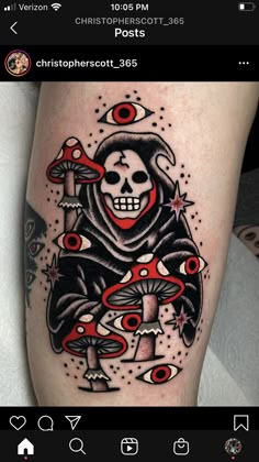 a tattoo on the leg of a person with a skull and mushrooms in their hands