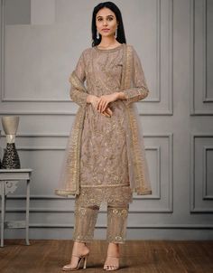 Golden Soft Net Pant Salwar Suit Golden Suit Design, Golden Salwar Suit, Golden Dupatta, Celana Fashion, Readymade Salwar Kameez, Pant Suits For Women, Straight Cut Pants, Embroidered Pants, Salwar Kameez Designs