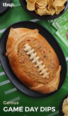 an image of a game day dips with chips on the side and football shaped appetizer