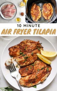 air fryer tila with chicken and lemons on the side, in front of an