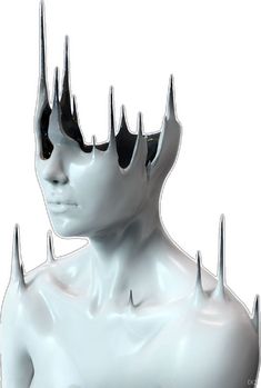 a white mannequin with spikes on it's head and neck, against a white background