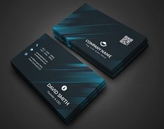 two dark business cards with blue lines on the front and back, both in black