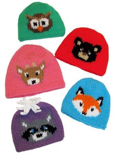 four knitted hats with animals on them, all in different colors and sizes are shown