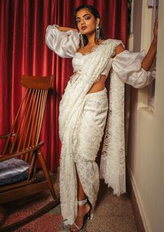 Shehla Khan-White Pre-Draped Sari And Blouse-INDIASPOPUP.COM White Lace Saree, Saree Jacket Designs, Puff Sleeves Blouse, Lace Saree, White Saree, Chiffon Collection, Indian Couture, Blouse For Women, Feminine Design