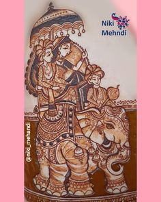 an elephant painted on the side of a wall next to a pink background with words niki mehndi