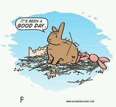 a cartoon rabbit sitting in the middle of a pile of debris with a thought bubble saying it's been a good day