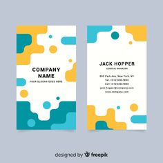 a business card with an abstract pattern on the front and back, in yellow and blue colors