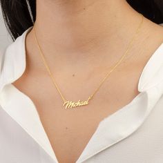 Introducing our Personalized Jewelry, Gold Name Necklace--a stunning expression of your unique style. Crafted with care, this exquisite piece features your chosen name in lustrous gold. The perfect accessory to showcase your individuality and sentimentality. Whether a thoughtful gift or a cherished keepsake, this necklace exudes elegance and lasting beauty. The adjustable chain ensures a comfortable fit for all. Embrace the personal touch and carry your name close to your heart with this meaning Customizable Gold Necklaces For Personalized Gifts, Customizable Gold Necklace For Personalized Gift, Personalized Gold Necklaces With Names, Personalized Name Gold Necklaces, Personalized Gold Name Necklaces, Custom Gold Necklace With Names For Wedding, Personalized Gold Plated Name Necklace, Personalized Gold Custom Name Necklace, Elegant Customizable Gold Plated Name Necklace