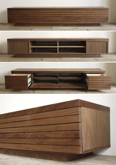 three different views of a wooden entertainment center