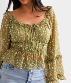 Willow & Root Floral Ruffle Top - Green Small, Women's Olive Elasticized chiffon woven lined crop top Bust measures 32 on size small Body length 18 on size small. Self/Lining: 100% Polyester. Hand wash cold. Do not bleach. Line dry. Do not tumble dry. Low iron if needed. Apparel & Accessories > Clothing > Shirts & Tops Trendy Flowy Green Blouse, Spring Chiffon Blouse With Ruffle Hem, Spring Chiffon Top With Ruffle Hem, Flowy Long Sleeve Crop Top For Spring, Flowy Green Peasant Top For Spring, Summer Chiffon Top With Ruffle Hem, Green Chiffon Casual Tops, Green Casual Chiffon Tops, Casual Green Chiffon Tops