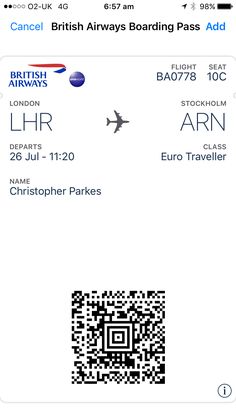 an airplane boarding pass is shown on the iphone